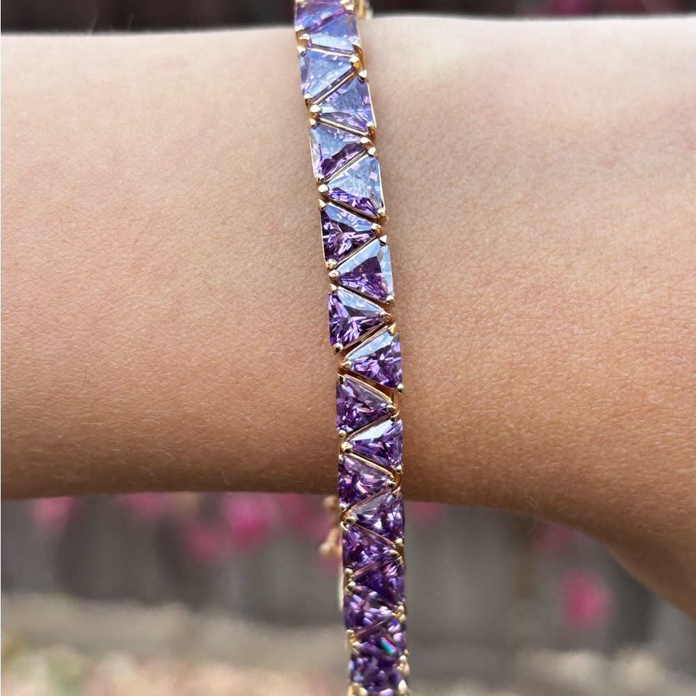 Rare Vintage Purple CZ Trillion Cut Tennis Bracelet 925 Gold Vermeil 7.5” - Picture 3 of 3